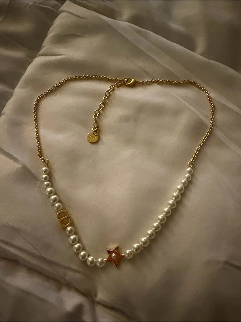 Dior Pearl Necklace with Gold Star and Chain